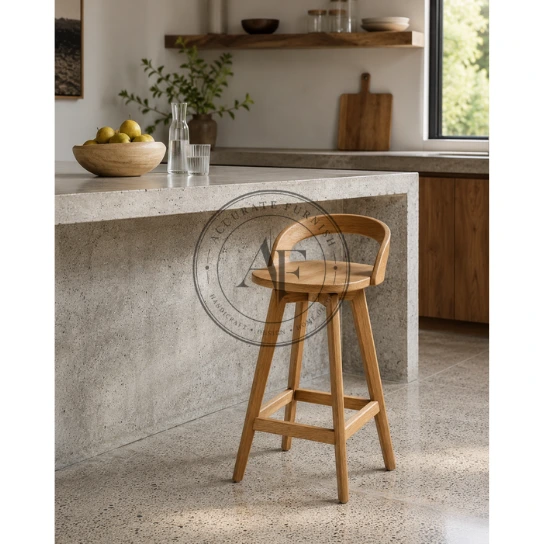 Scandinavian Solid Wood Swivel Bar Stool with Curved Backrest