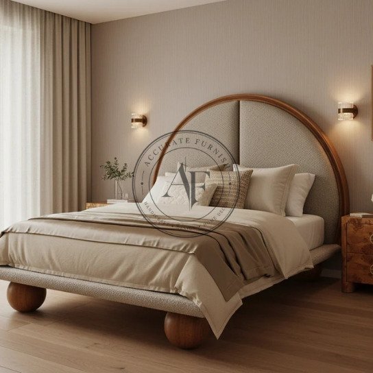 Luxury Bouclé Upholstered Platform Bed with Arch Headboard & Wooden Sphere Legs