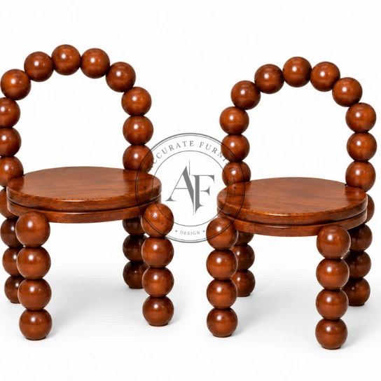 Handcrafted Bobbin Wooden Accent Chair with Sculptural Ball Design