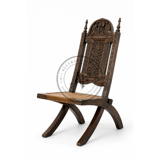 143 Hand-Carved Heritage Folding Wooden Chair with Woven Seat