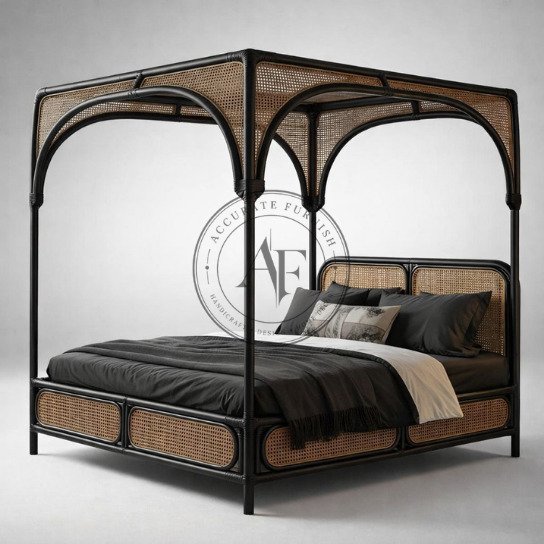 Luxury Rattan Canopy Platform Bed with Black Metal Frame