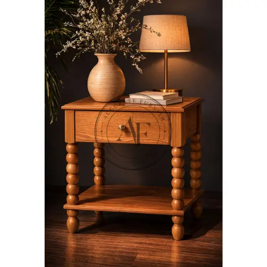 55 Classic Solid Wood Bedside Table with Turned Ball Legs & Storage Drawer
