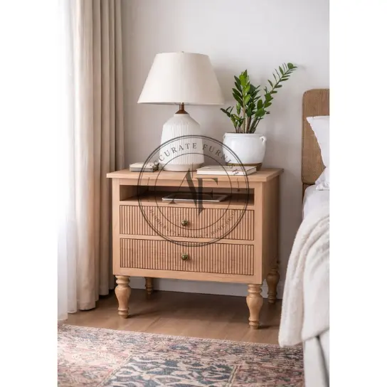 56 Modern Fluted Wood Bedside Table with Dual Drawers & Open Shelf