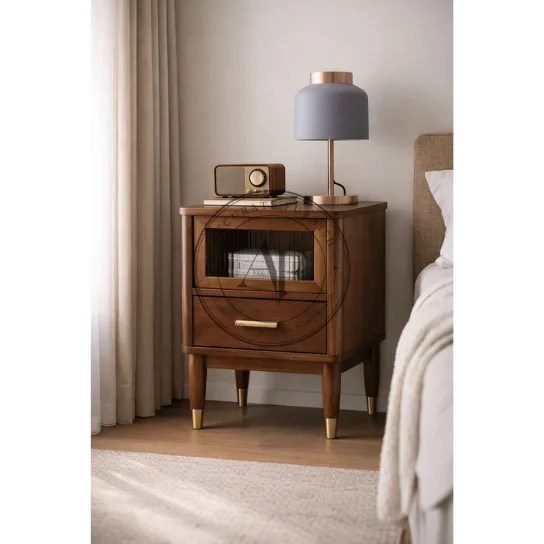 Mid-Century Modern Wooden Bedside Table with Glass Display Shelf