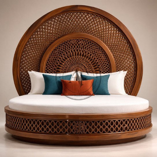 Luxury Round Wooden Platform Bed with Artistic Carved Headboard