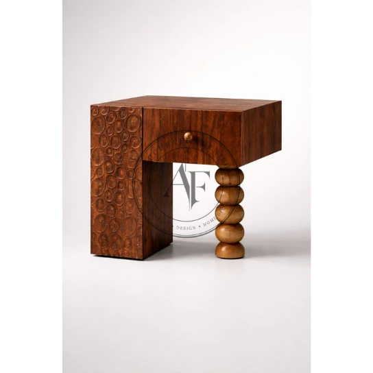 69 Designer Hand-Carved Solid Wood Bedside Table with Sculptural Leg
