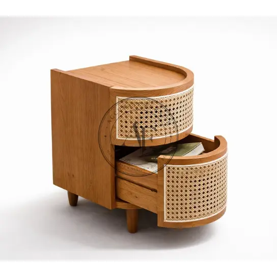 Modern Rattan Cane Bedside Table with Curved Drawer Design
