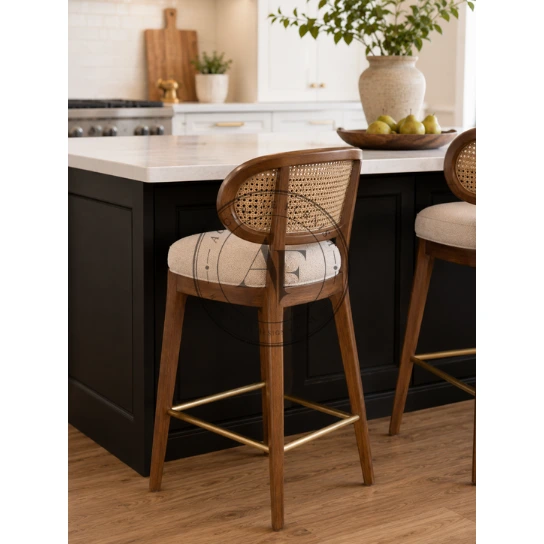Luxury Cane Back Upholstered Bar Stool with Solid Wood Frame